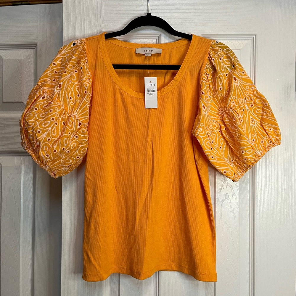 NWT LOFT Vibrant Orange Blouse with Patterned Puff Sleeves